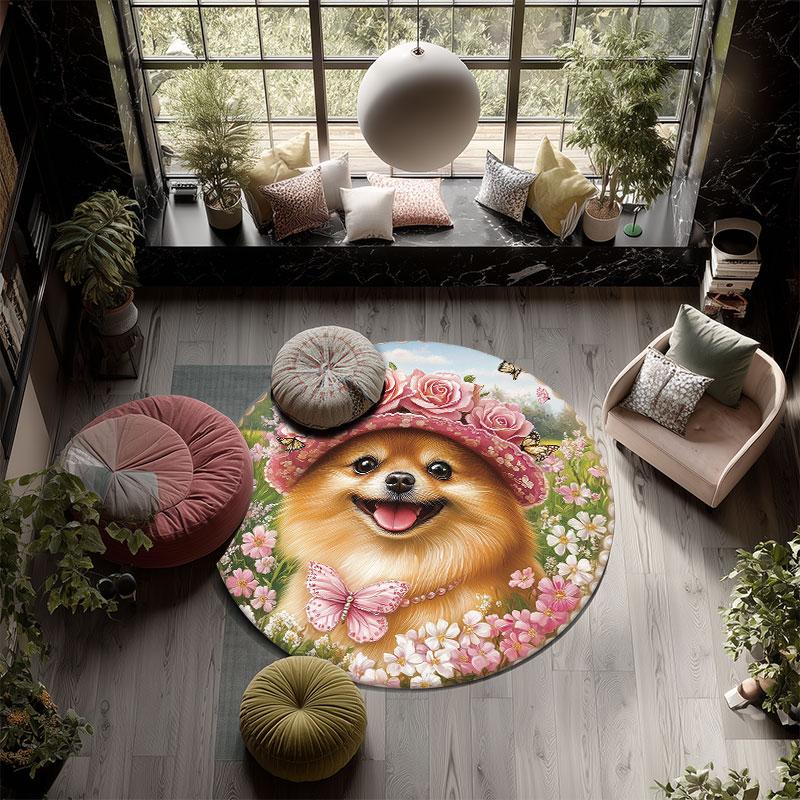 Pomeranian & Flowers pattern round rug,Carpet Rug for Living Room Bedroom Playroom ,Non-slip Floor Mat,Holiday Gifts and Birthday Gifts.