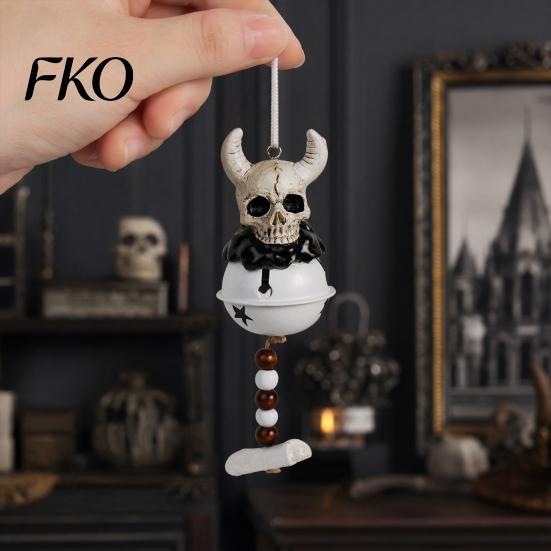 Halloween Bell Decoration Jingle Ornament, Gothic Bull Skull/Angel Wings Hanging Durable Ornament for Tree, Party Home Decor Holiday