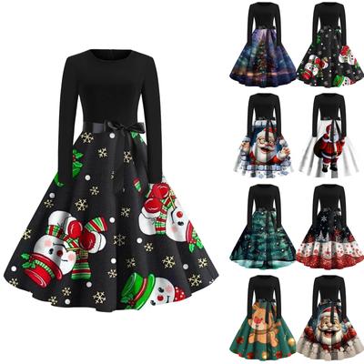 Рождественский принт расклешенное платье для женщин платье с длинным рукавом полые вечерние повседневные платья