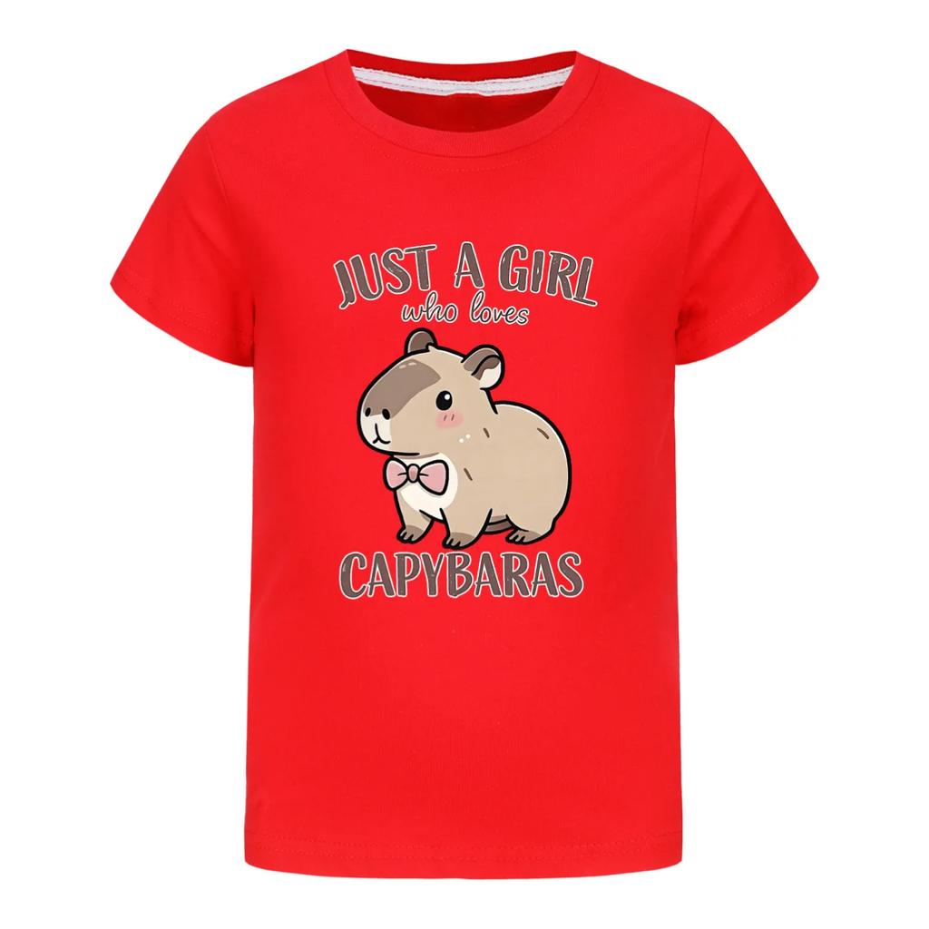 Kid Short Sleeve T Shirt Just A Girl Who Loves Capybara Cute Bow Tie Capybara Print O-Neck Tee Lovely Animal Graphic Girls Top