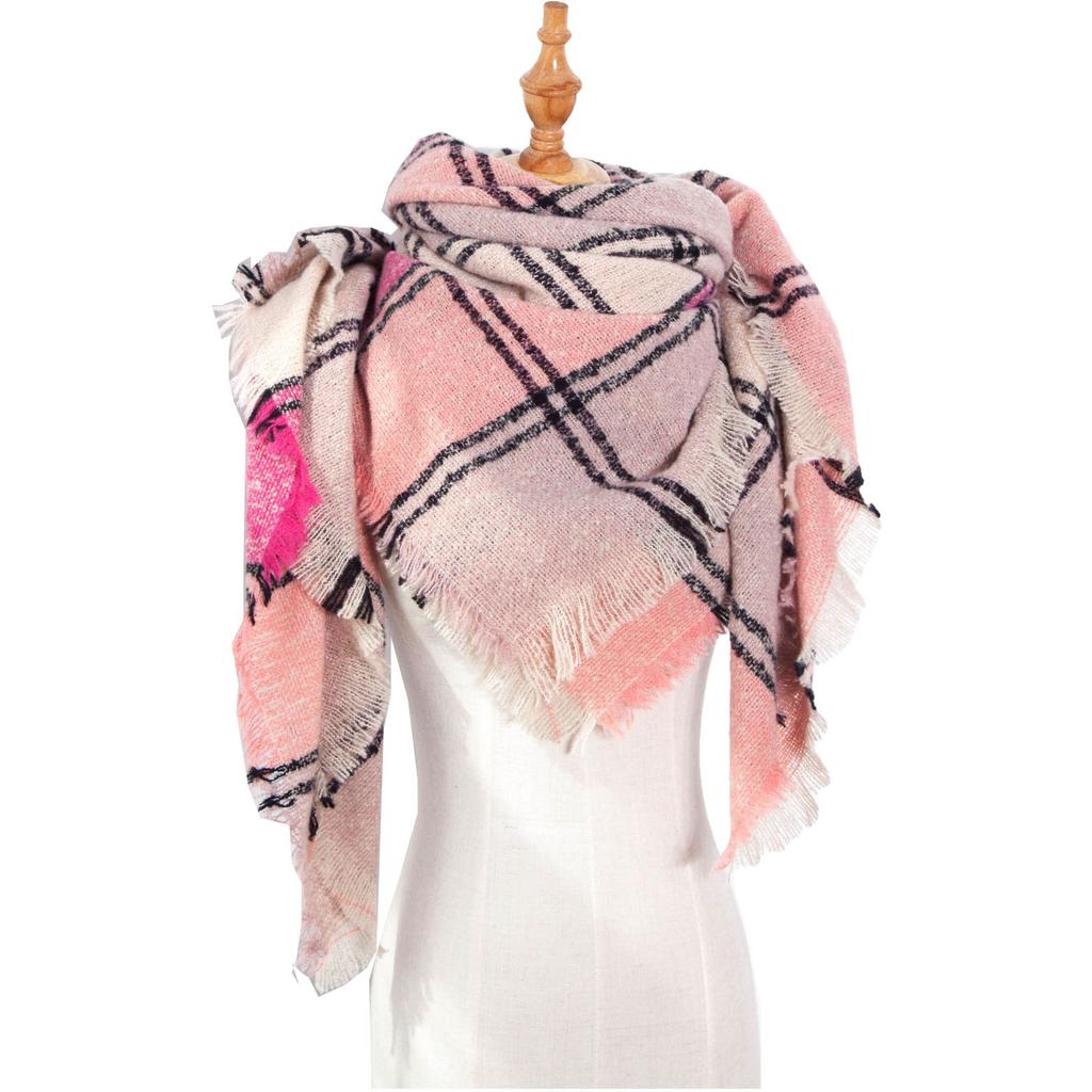 Осенне-зимний шарф с кисточками, женский клетчатый теплый треугольный платок