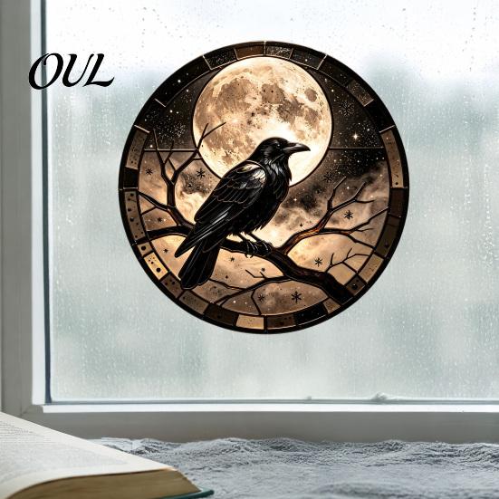 Weatherproof Glass Clings Halloween Raven Moon Static Sticker, Removable Window Decals, Vintage Decoration Crow PVC Waterproof Cling for Home & Store