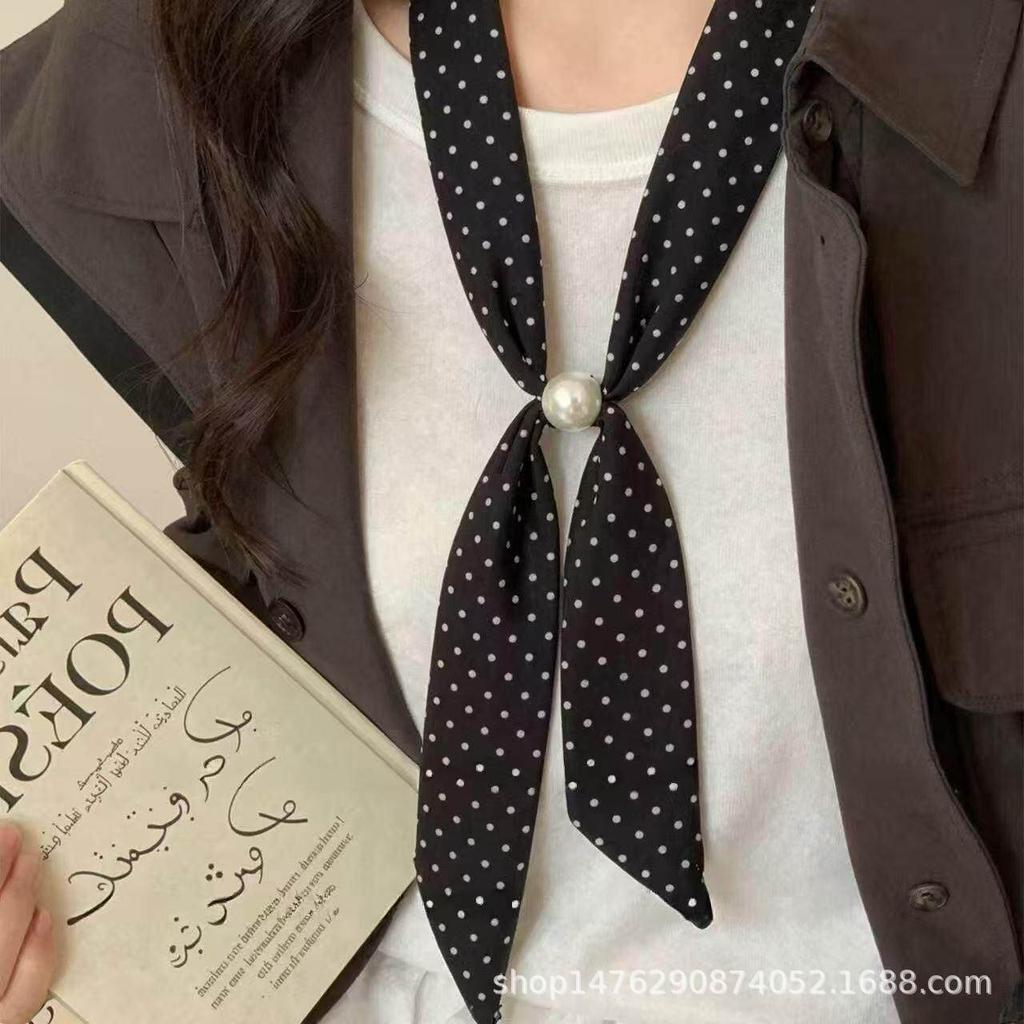 Gentle and high-intelligence style Korean black polka dot silk scarf beaded necklace neck women's niche high-end design accessories