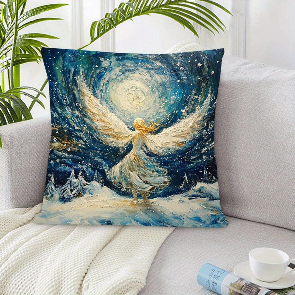 Blue Starry Night Angel Print Throw Pillow Cover, Winter Christmas Oil Painting Decorative Cushion