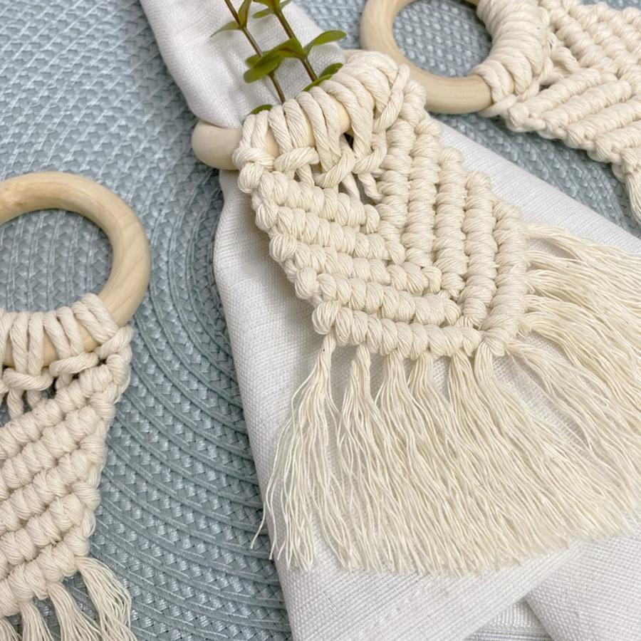 Boho Napkin Rings with Wooden Ring, Handmade Woven Fringe Napkin Holders for Rustic Wedding, Party & Farmhouse Table Decor
