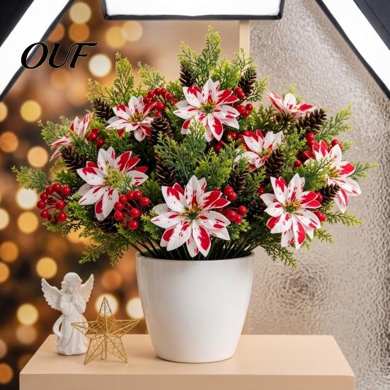 Lifelike Flower Stems 5 Heads Artificial Poinsettia Flowers, Christmas Fake Pine Berry Decoration, Home Interior Floral Accents Fade-Resistant Red And