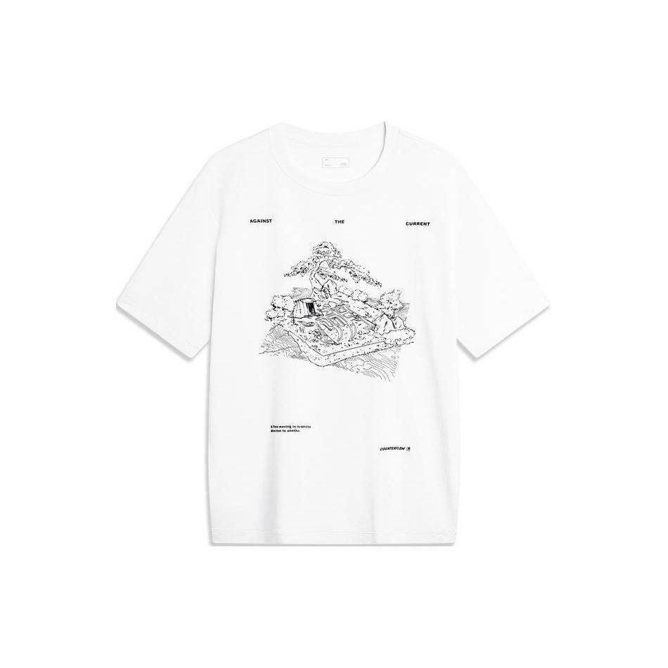 Li Ning CF круглый вырез свитер с буквенным принтом узор короткий рукав футболка мужские топы стандарт-белый ATSU595-1