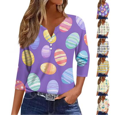 Жен. Футболка Футболка С принтом Пуговицы Рукав 3/4 Повседневные Выходные Мода Классический V-образный вырез Обычный Топ