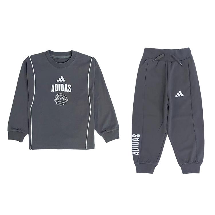 adidas Повседневный спортивный костюм Ss25 Свитшот с круглым вырезом и длинным рукавом Модные простые брюки на кулиске Костюм для детей Темно-серый KC1551