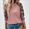 2025 Women’s Fashionable Diamond Plaid Splicing Long Sleeve Round Neck Casual Sweater