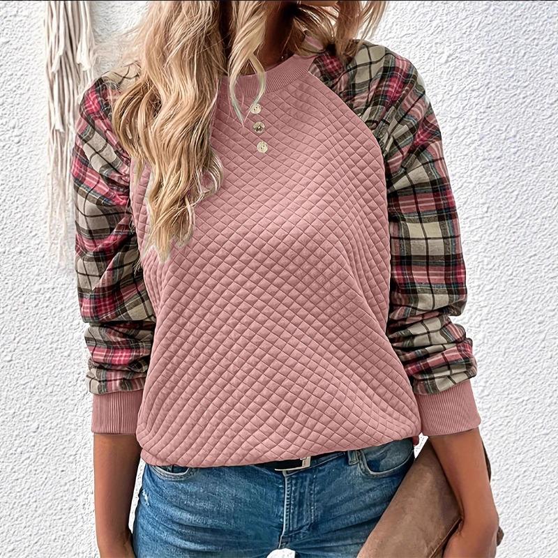 2025 Women’s Fashionable Diamond Plaid Splicing Long Sleeve Round Neck Casual Sweater