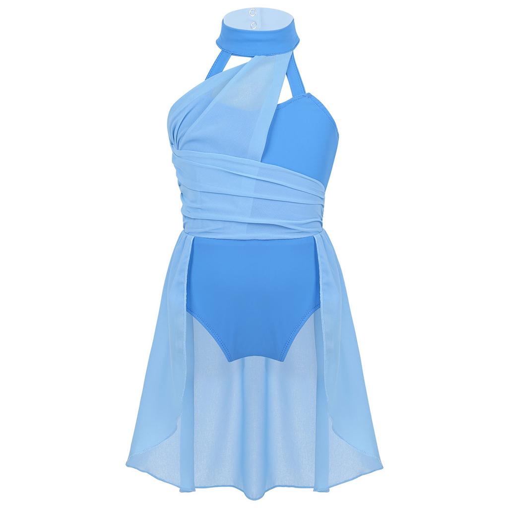 Детское гимнастическое танцевальное платье без рукавов для девочек, шифоновый лиф с рюшами, купальник, танцевальная одежда, костюм