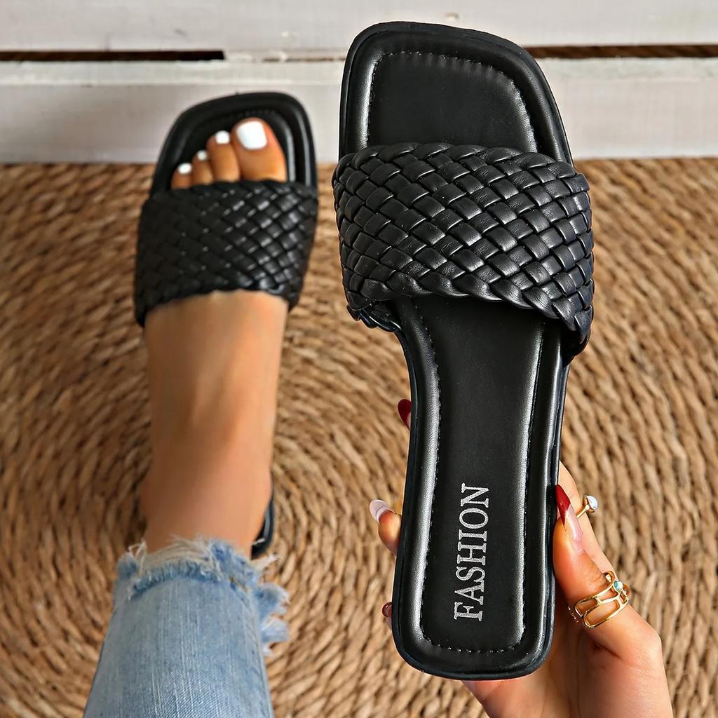 Fashion Women's Sandals Summer Luxury Fashion Flat Bottom Slippers Casual Simple Solid Colour One Word Woven Strap Sandy Beach Sandals