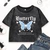 Blue Butterfly Art Letter Printed Washed T-Shirt Women Slim Cotton T Shirts Crop Y2K O-Neck Clothes Casual Top
