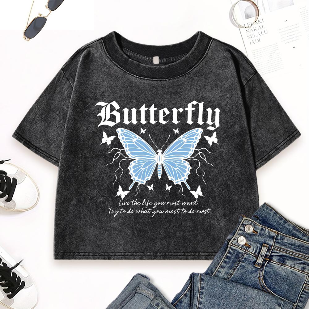 Blue Butterfly Art Letter Printed Washed T-Shirt Women Slim Cotton T Shirts Crop Y2K O-Neck Clothes Casual Top