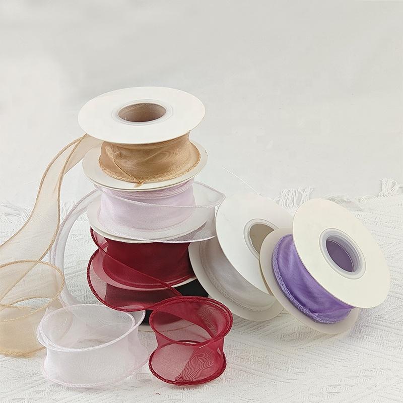 Custom Hologram Sheer Chiffon Polyester White Pink Yellow Organza Ribbon Spool for Wedding Bouquets Wrapping