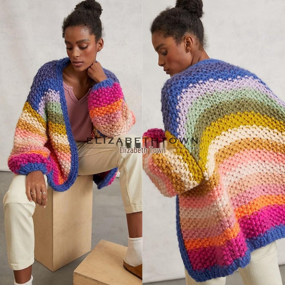 Women's Handmade Chunky Knit Rainbow Stripe Cardigan