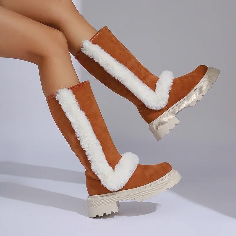Женские меховые ботинки на платформе до середины икры, теплые ботинки на каблуке, зимняя мода 2025, новые модные повседневные ботинки на квадратном каблуке, Botas Mujer