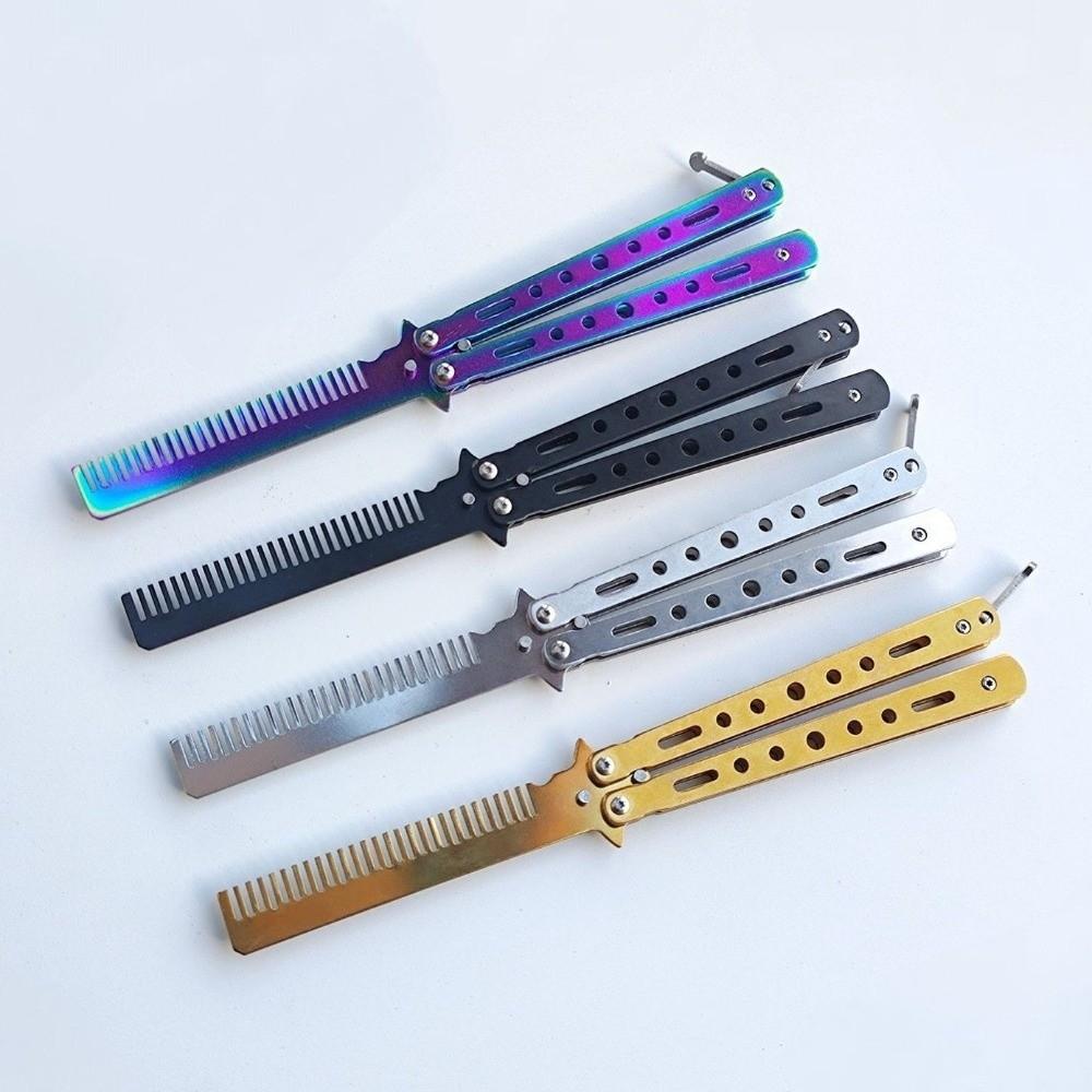 Stainless Steel Beard Comb Foldable Hairdressing Comb New Butterfly Knife Comb  Photo Props