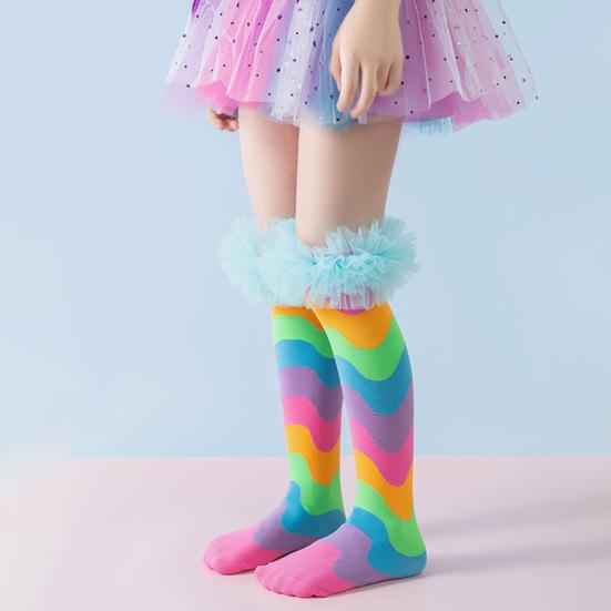 Детские радужные гольфы до колена, красочные гольфы до колена, забавные носки для сапог для девочек с тюлевой оборкой для маскарадных вечеринок, праздничных мероприятий