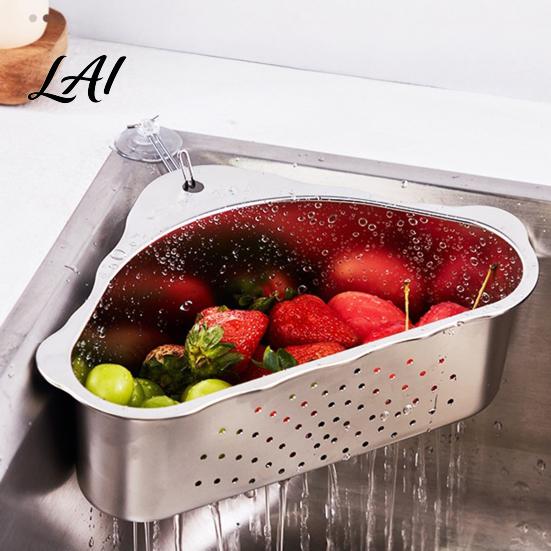 Compact Kitchen Storage Stainless Steel Triangle Sink Colander Suction Cups Installation Basket Fruit Washing Basket Corner Strainer Rack