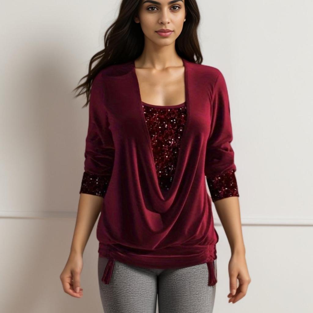 "2024 Autumn Sequined Long-Sleeve Women's Top with Drop Collar and Loose Pleated Design"