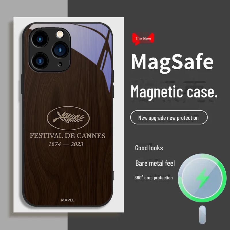 Wood Grain Magnetic Phone Case for Apple 13, 12mini, iPhone 11, 14/15 Pro. Silver Cannes Design, Anti-drop and Simple.