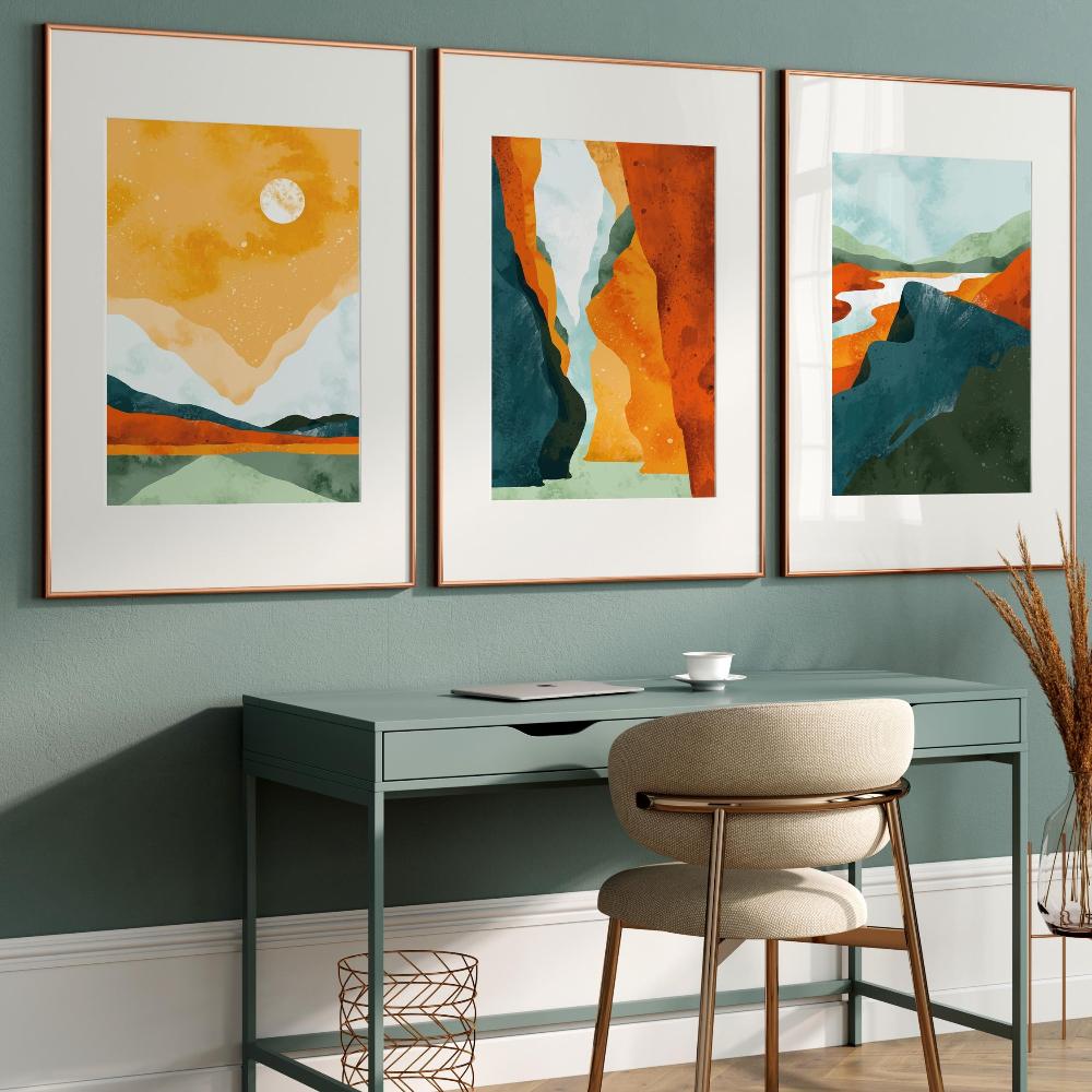Watercolour Landscape Wall Art Prints Nature Painting Art Scandinavian Wall Art Set of 3 Prints Blue Rust Green Orange Boho Home