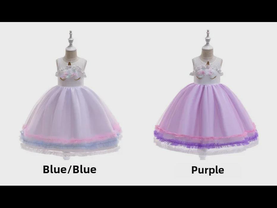 "2023 Christmas Unicorn Princess Dress for Girls, Mesh Rainbow Cotton, Ages 4-12"
