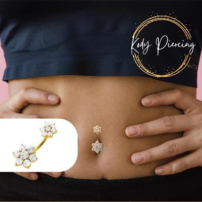 KODY PIERCING 18-каратное желтое золото с покрытием из кристаллов для пирсинга с двойным цветком для пупка - качественный пирсинг