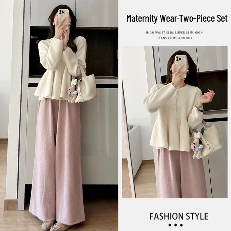 Осенне-зимний вязаный свитер и брюки широкого кроя для беременных