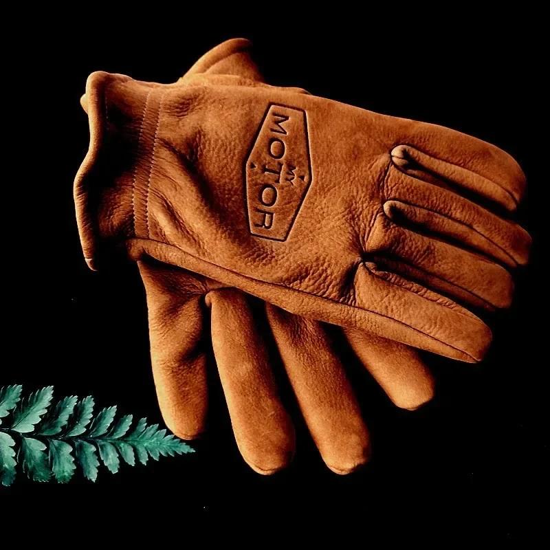 Vintage Frosted Cowhide Leather Motorcycle Gloves for Men Women Driving Accessories Warm Work Glove Dirtbike MX Motocross Items