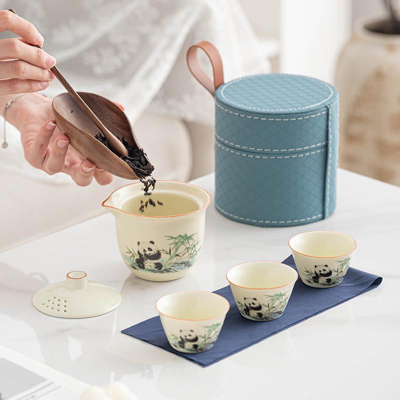 Ru Kiln Panda High-end Travel Tea Set Portable Storage Bag Cover Bowl Kuaike Tea Set Business Customized Printing