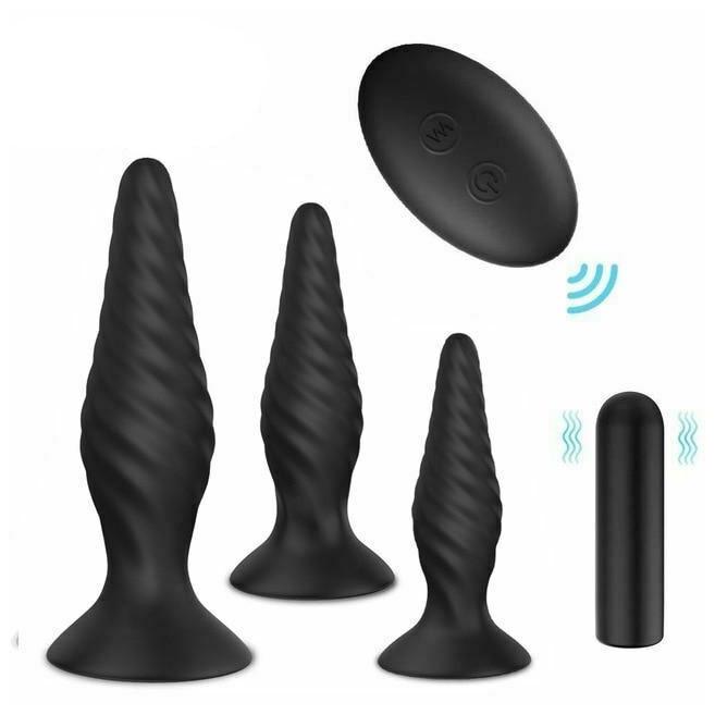 Black Silicone Butt Plug Set Wireless  Anal Training  Vibrating Butt Plugs