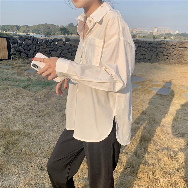 Autumn Long Sleeved Shirt Women's Top Split White Retro Hong Kong Style Shirt Trend