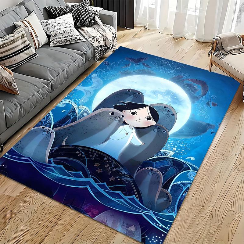 Girl with Seals Under Moonlight suitable as a non-slip mat for the living room or bedroom sofa