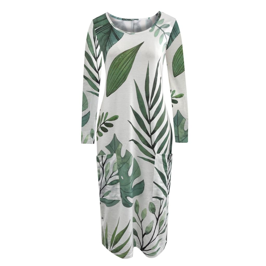 Women's And Winter Printed Round Neck Long Sleeve Dress With Pockets