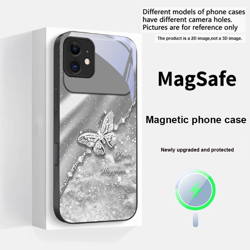 Элегантная синяя бабочка Для iPhone 17 Pro Max 16 E 15 14 13 Plus 12 mini 11 17 Air XR Xs Max 7 Plus Magsafe Стеклянный Чехол для Телефона