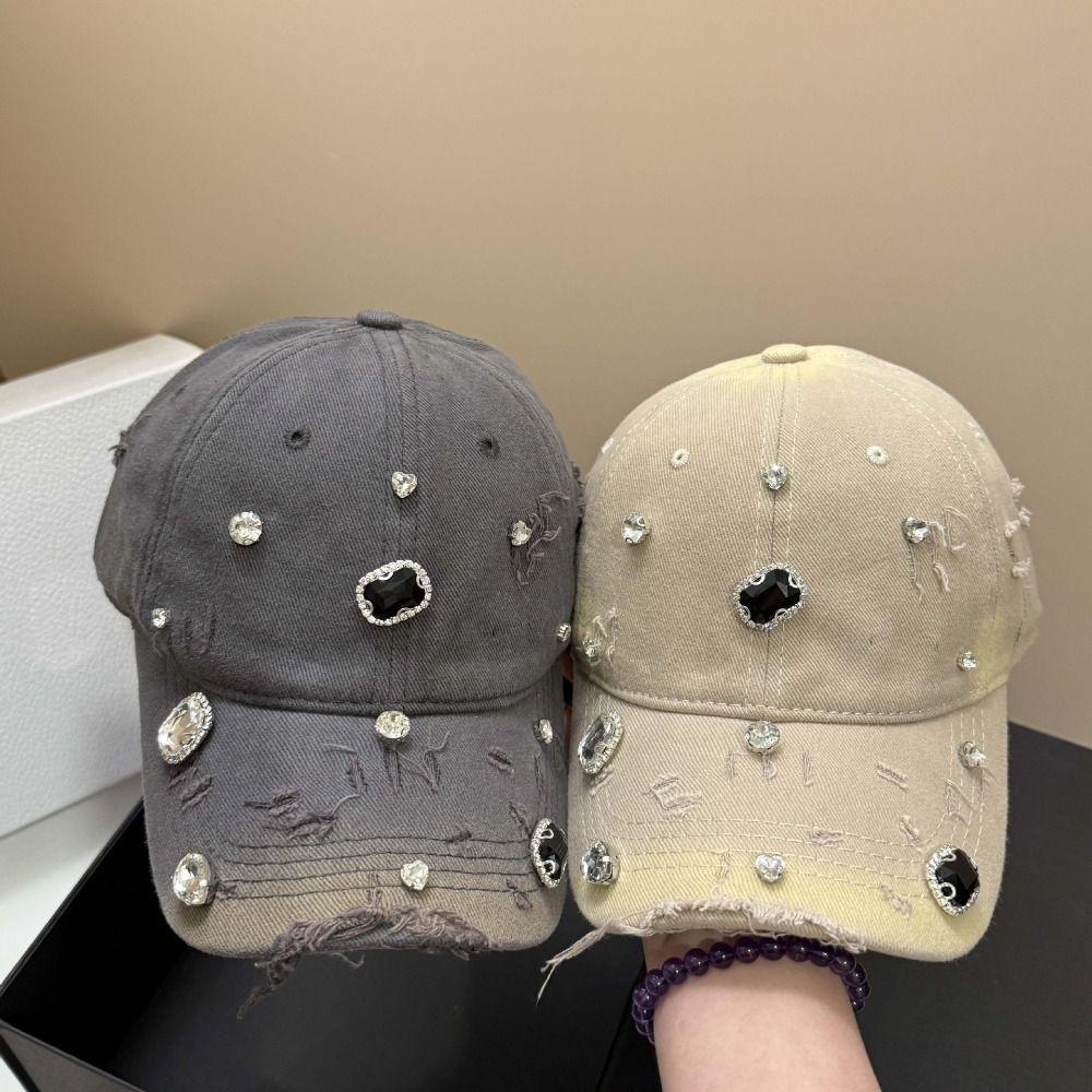 Torn Effect Rhinestone Baseball Cap Cotton Hip Hop Cap Luxury Tennis Cap Urban Streetwear