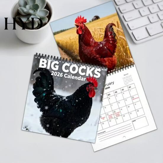 Rooster Pun Calendar 2026 Funny Big Puns Monthly Wall with Agricultural Humor Humorous Poultry Photos Thick Paper Wire Binding Office Pranks