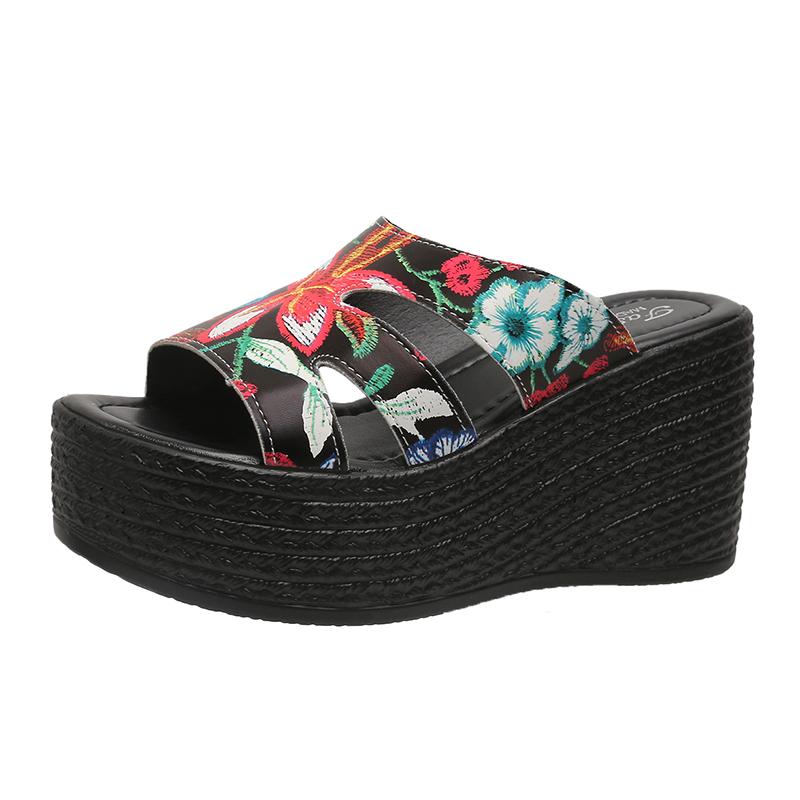Женские тапочки на танкетке, новые летние босоножки на платформе с цветочным принтом, уличные с открытым носком, на высоком каблуке, тапочки, шлепанцы, женские, Zapatos De Mujer