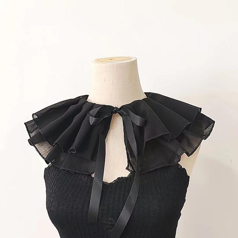 Girls Ruffled Decorative Collar Elegant Pleated Shawl Scarf Casual Detachable Layered Ribbon Tie False Collar Sweater
