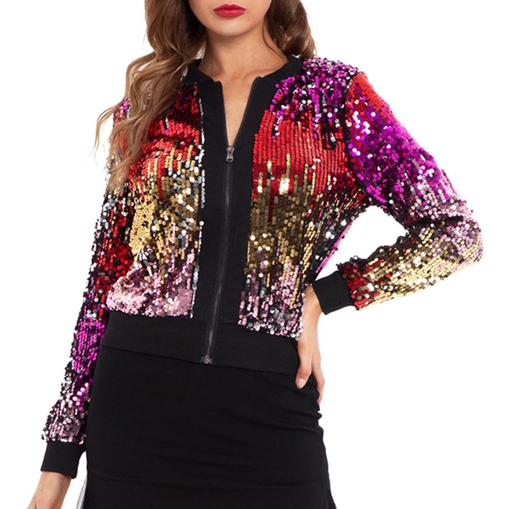 Women Sequin Jackets Sparkly Bomber Jackets VNeck Long Sleeve Zipper Glitter Clubwear Fashion Coat