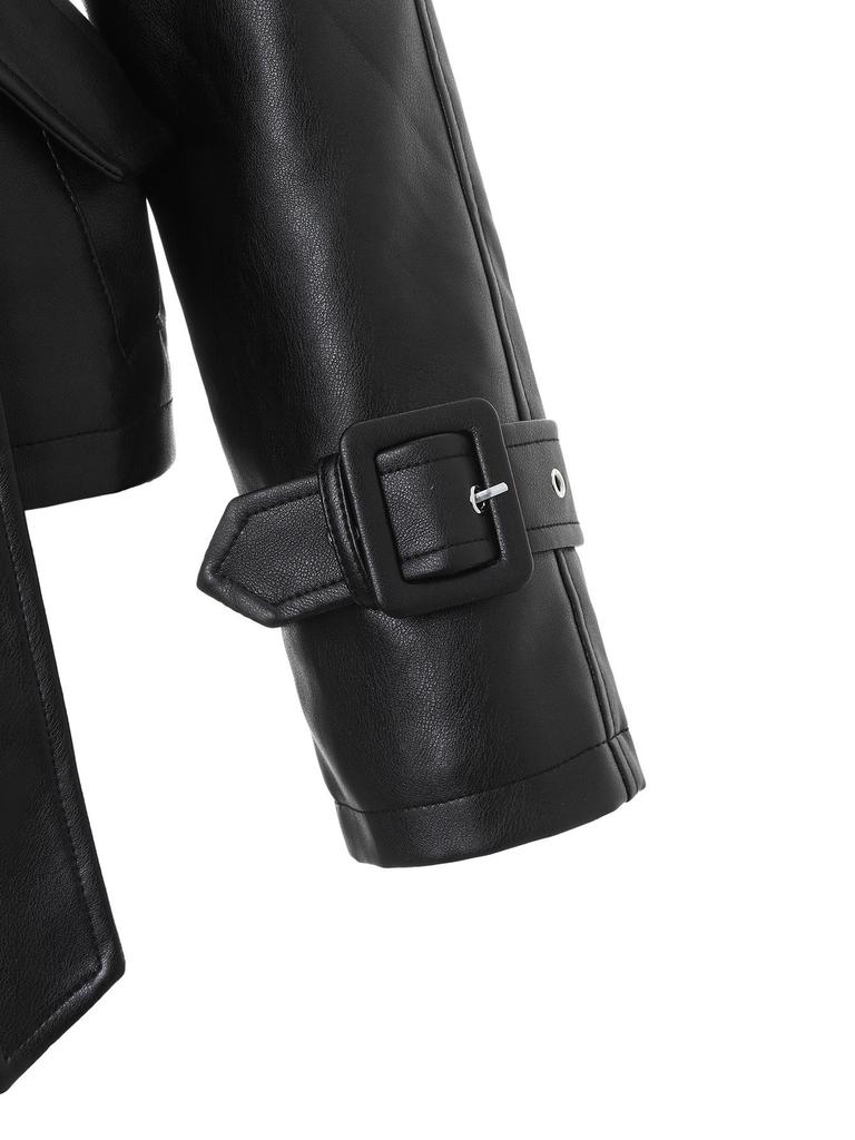 European and American Style PU Leather Motorcycle Jacket with Lapel, Double-breasted Design, Adjustable Waist Belt, for All Seasons