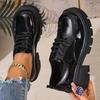Fashion Women's Black Chunky Heel Loafers Fashion Patent Leather Platform Shoes Woman Thick Bottom Lace Up Dress Shoes Plus Size 35-43
