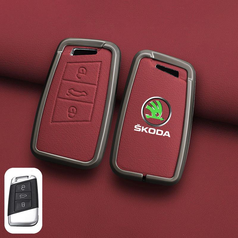 XOWS7 Zinc Alloy Leather Car Remote Key Case Cover Protector Shell Fob For Skoda Superb A7 Kodiaq Octavia A7 A8 Keychain Accessories
