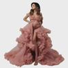 Off-Shoulder High Waist Maternity Gown with Front Slit and Puffy Tulle Skirt