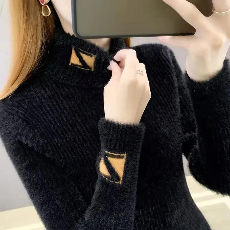 High Collar Pullover Sweater Women Mink Letter Jacquard Underlay Solid Western Knit Undercoat Autumn Winter Pullover Sweater
