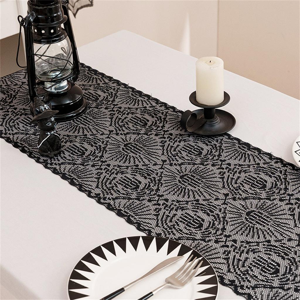 Halloween Black Lace Polyester Tablecloth for Party Decorations Fabric Easy To Cleaning Foldable Designs