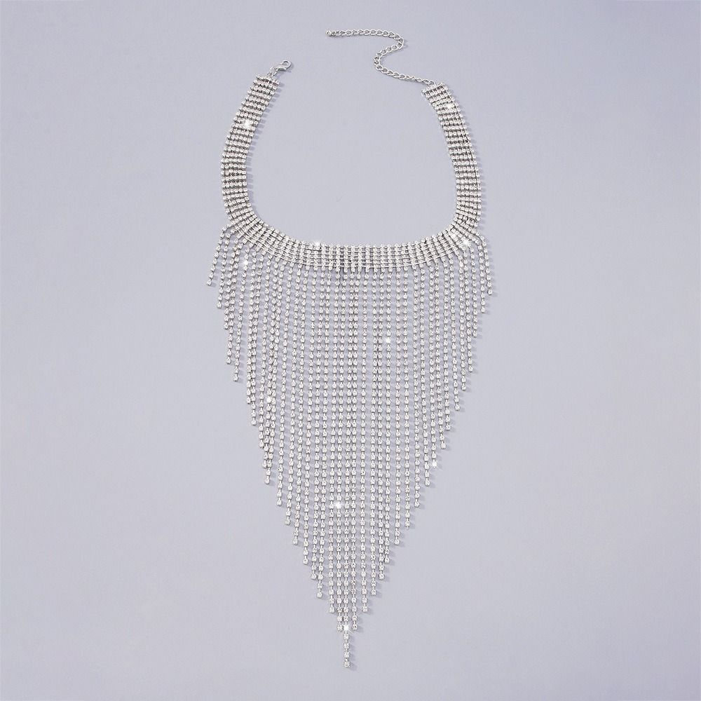 Sparkling Long Tassel Necklace Geometric Clavicle Chain Sweet Full Rhinestone Necklace Wedding